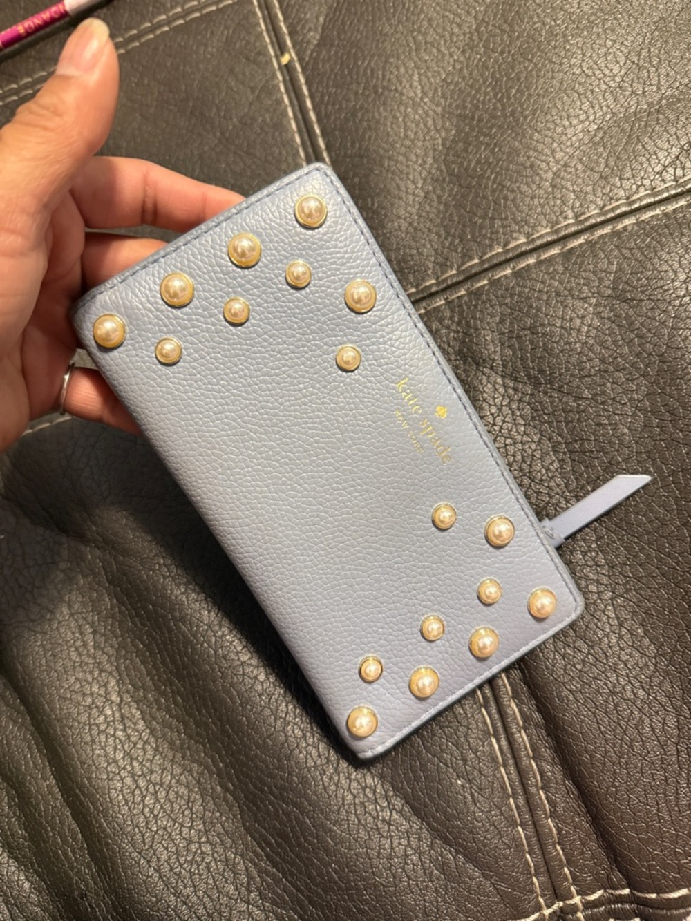 kate spade light blue studded zip wallet with pearl-like accents